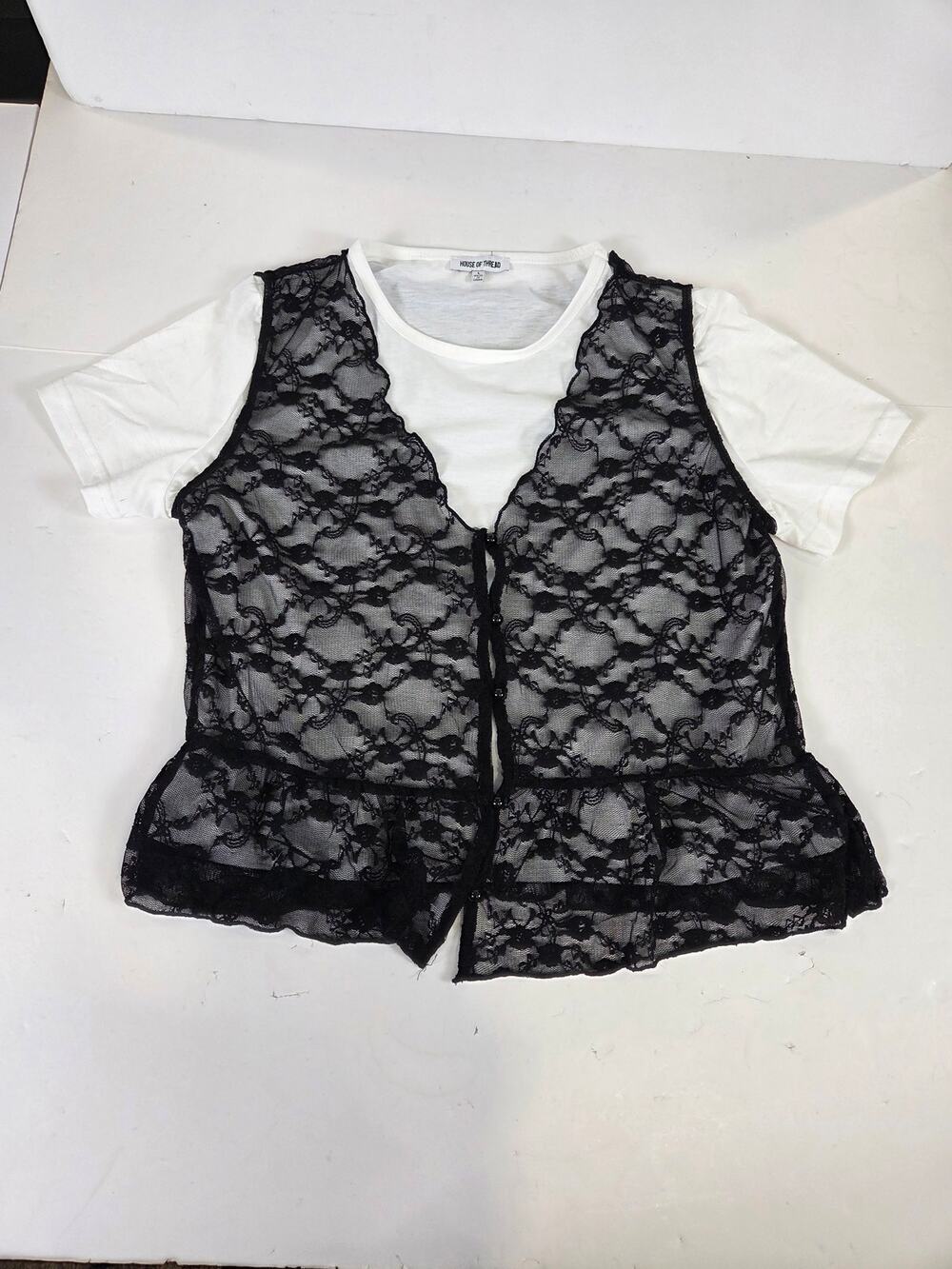 House of Thread White Tshirt Attached Black Lace Vest Peplum Large